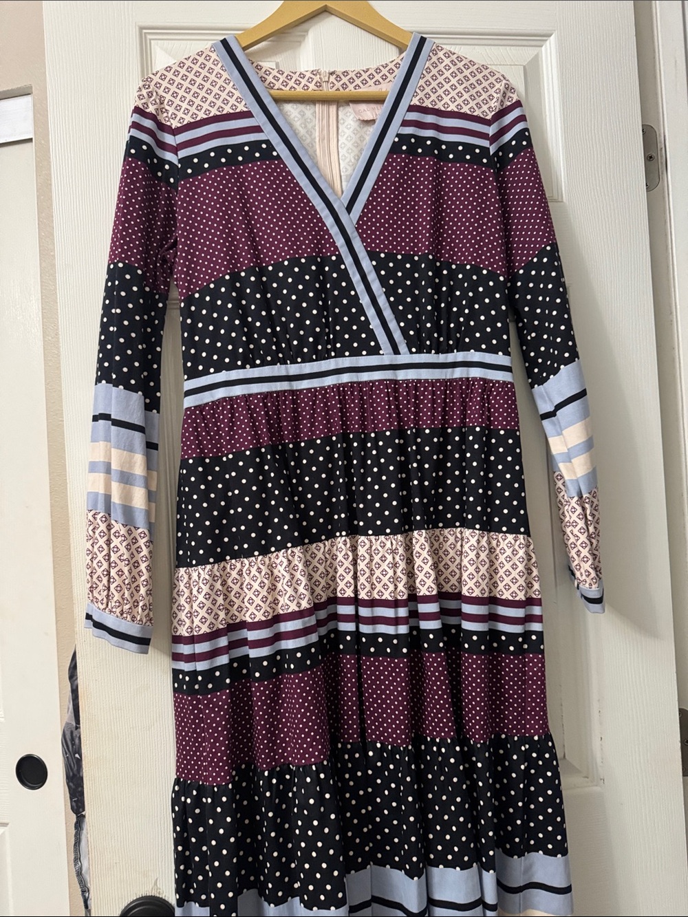 Gal Meets Glam Burgundy and Black Polka Dot Stripe Midi Dress